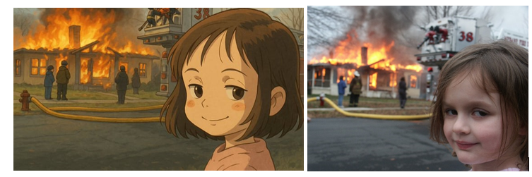 A sample of image generated by OpenAI (Left) and the original meme (Right)